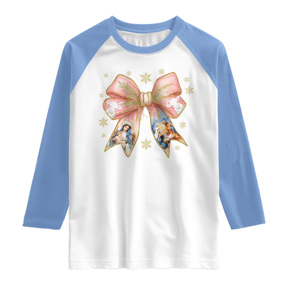 Jesus Christmas Coquette Bow Nativity Bible Verse Christian Raglan Shirt TS11 White Carolina Blue Print Your Wear