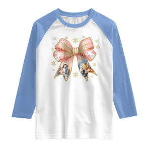 Jesus Christmas Coquette Bow Nativity Bible Verse Christian Raglan Shirt TS11 White Carolina Blue Print Your Wear