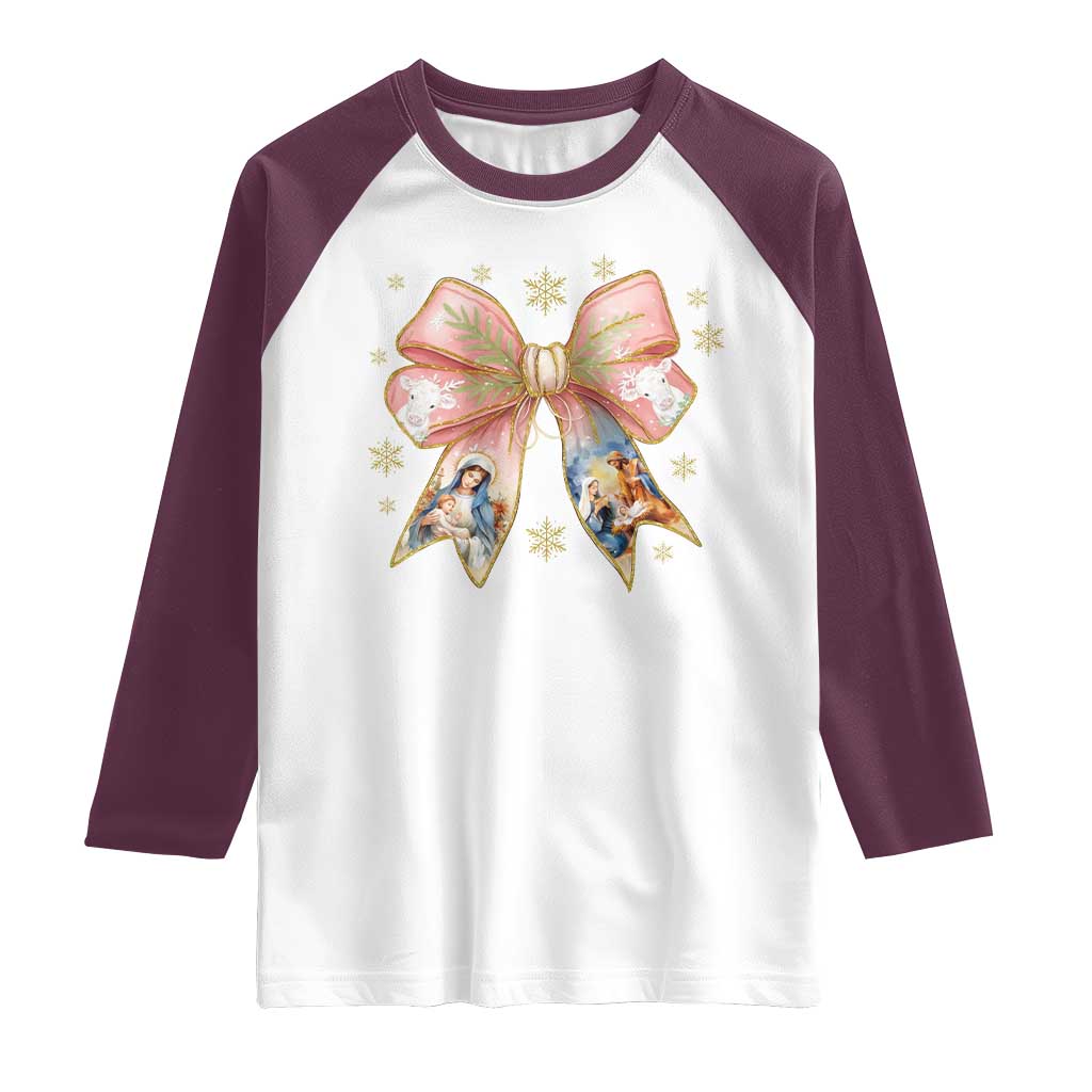 Jesus Christmas Coquette Bow Nativity Bible Verse Christian Raglan Shirt TS11 White Maroon Print Your Wear
