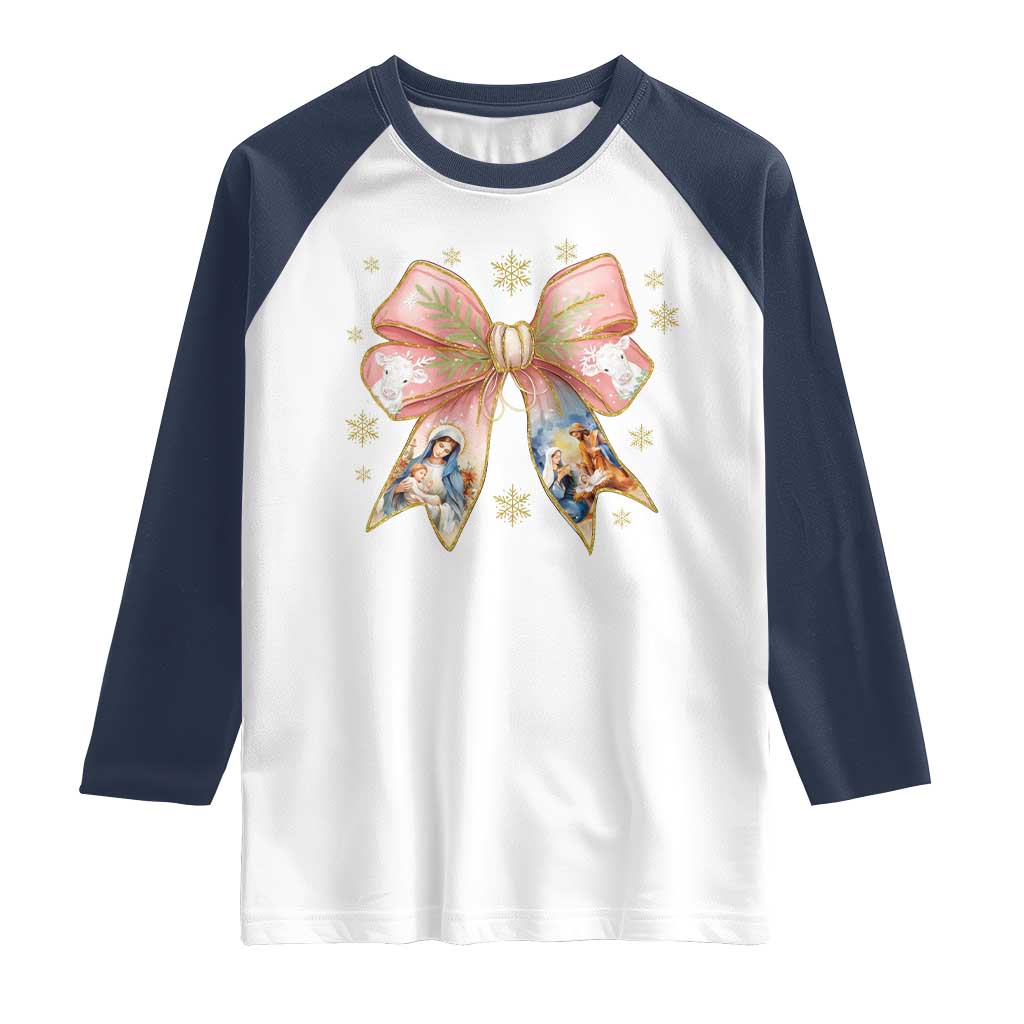 Jesus Christmas Coquette Bow Nativity Bible Verse Christian Raglan Shirt TS11 White Navy Print Your Wear