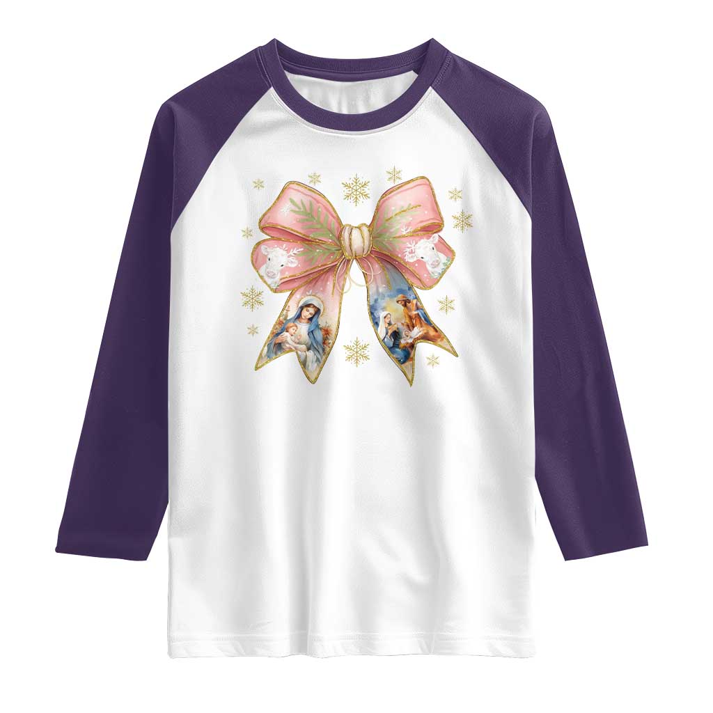 Jesus Christmas Coquette Bow Nativity Bible Verse Christian Raglan Shirt TS11 White Purple Print Your Wear