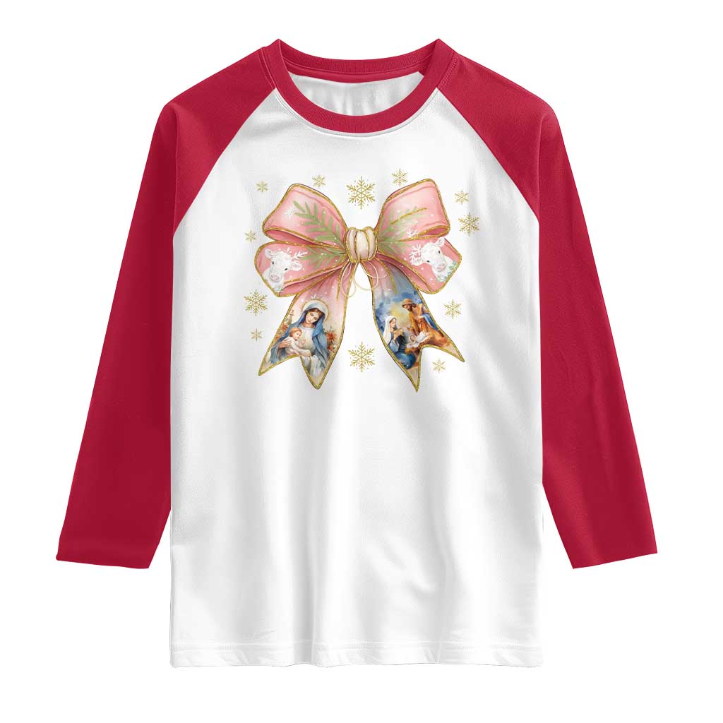 Jesus Christmas Coquette Bow Nativity Bible Verse Christian Raglan Shirt TS11 White Red Print Your Wear