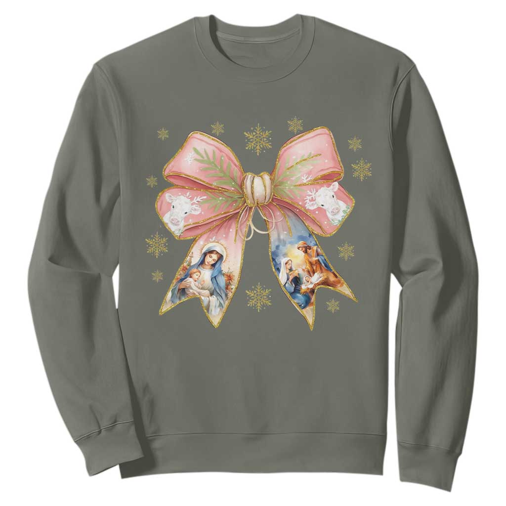 Jesus Christmas Coquette Bow Nativity Bible Verse Christian Sweatshirt TS11 Military Green Print Your Wear