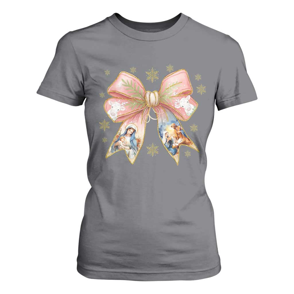 Jesus Christmas Coquette Bow Nativity Bible Verse Christian T Shirt For Women TS11 Charcoal Print Your Wear