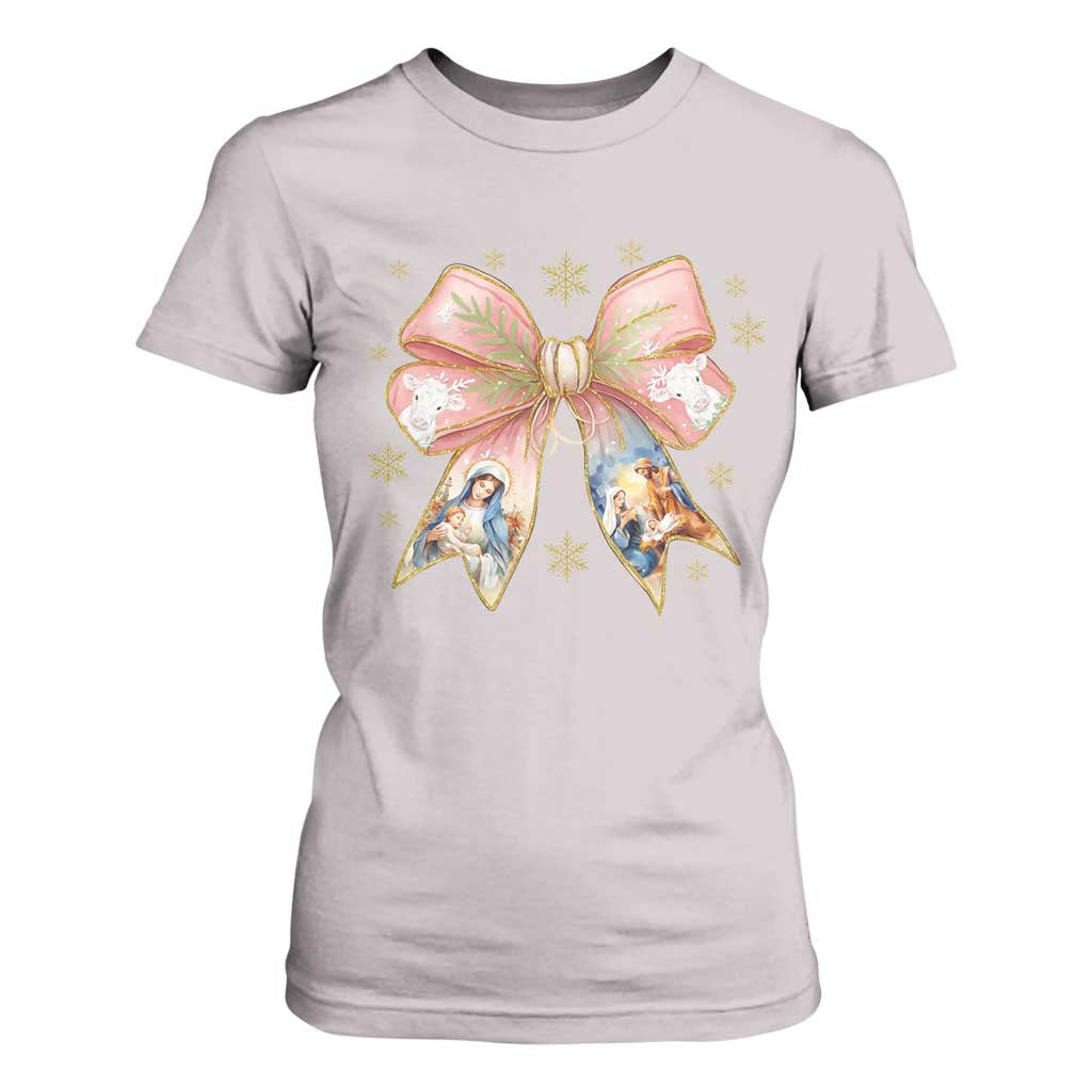 Jesus Christmas Coquette Bow Nativity Bible Verse Christian T Shirt For Women TS11 Ice Gray Print Your Wear
