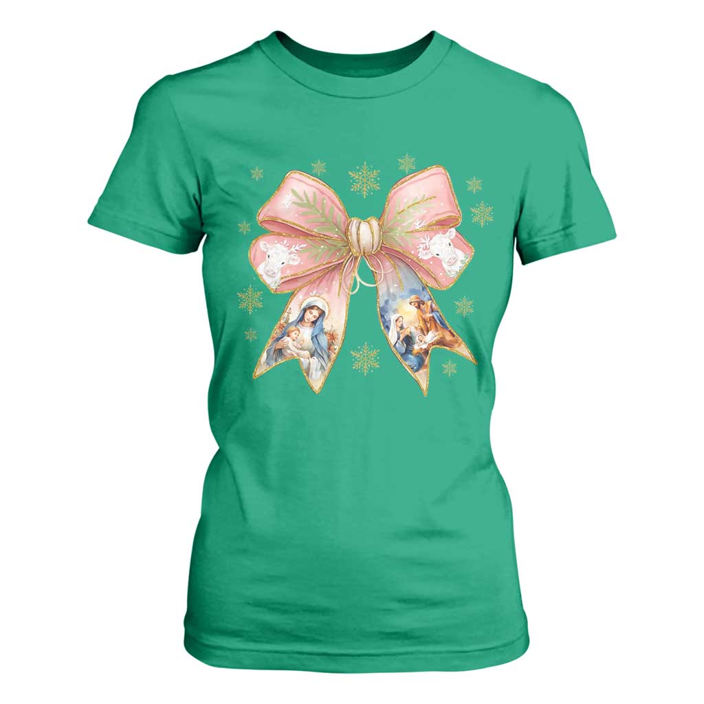 Jesus Christmas Coquette Bow Nativity Bible Verse Christian T Shirt For Women TS11 Irish Green Print Your Wear