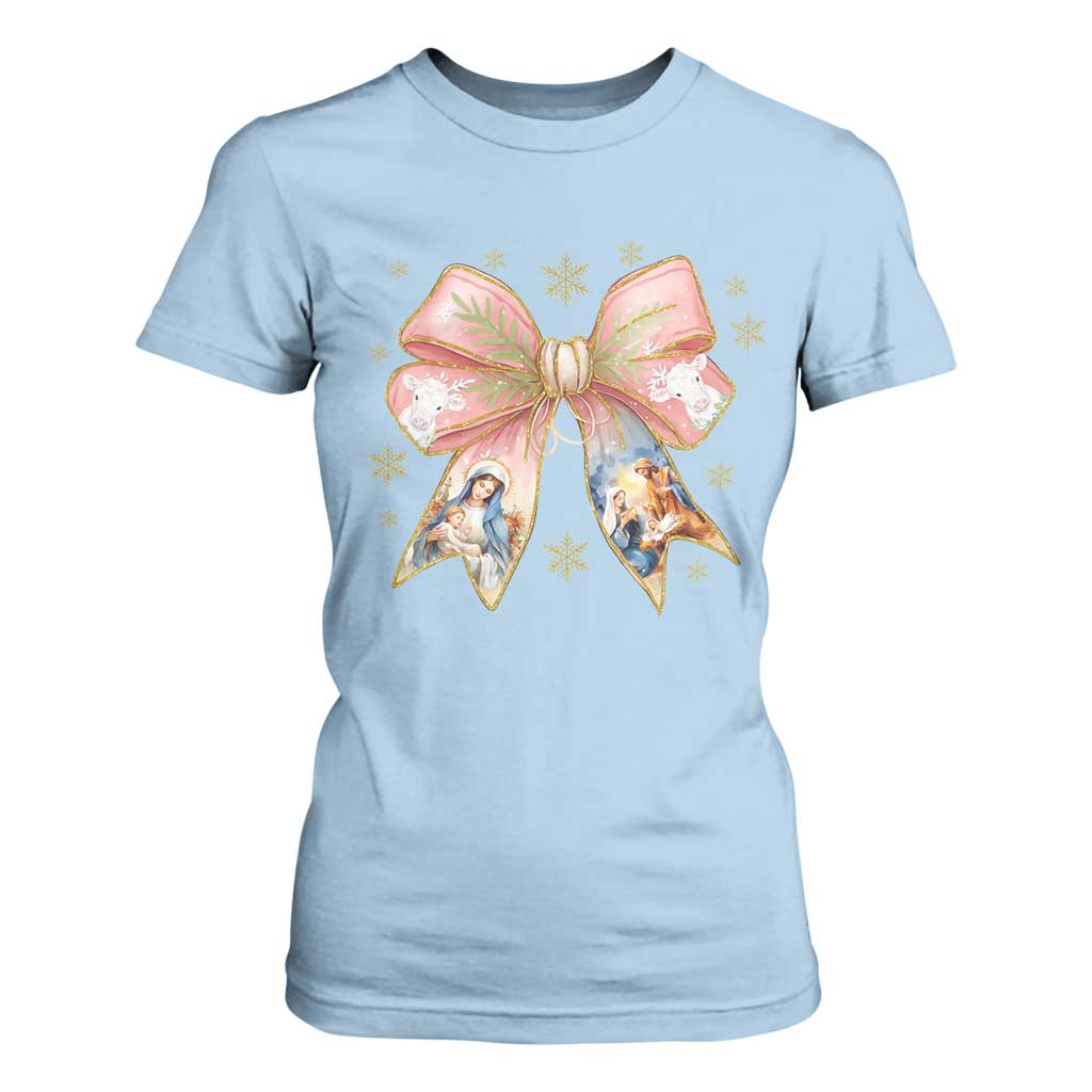 Jesus Christmas Coquette Bow Nativity Bible Verse Christian T Shirt For Women TS11 Light Blue Print Your Wear