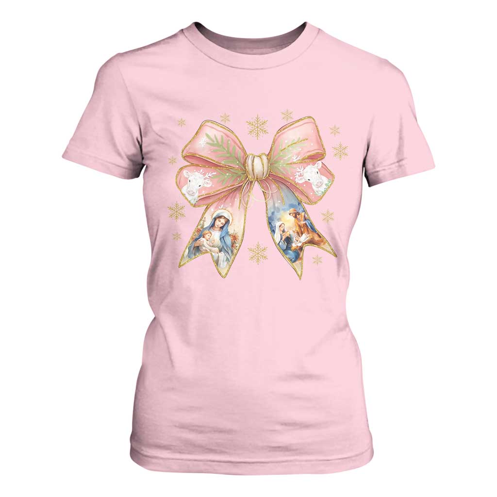 Jesus Christmas Coquette Bow Nativity Bible Verse Christian T Shirt For Women TS11 Light Pink Print Your Wear