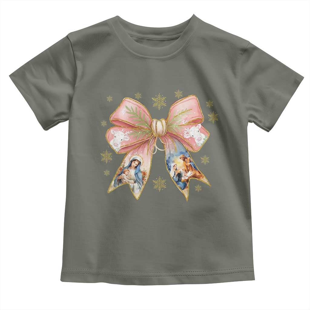 Jesus Christmas Coquette Bow Nativity Bible Verse Christian Toddler T Shirt TS11 Military Green Print Your Wear