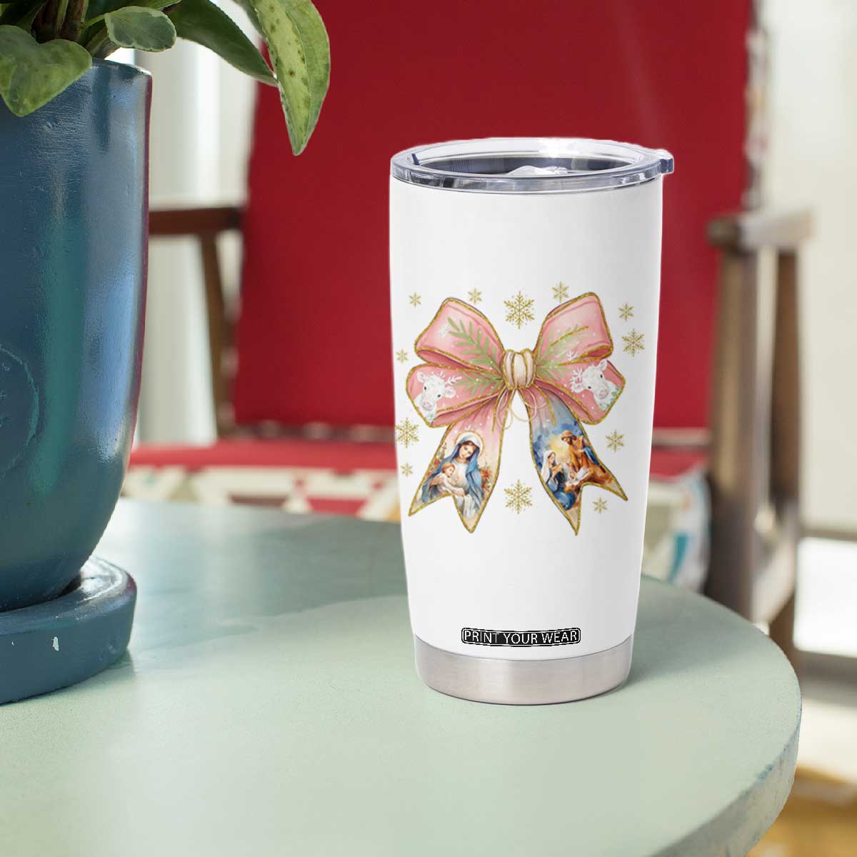 Jesus Christmas Coquette Bow Nativity Bible Verse Christian Tumbler Cup TS11 Print Your Wear