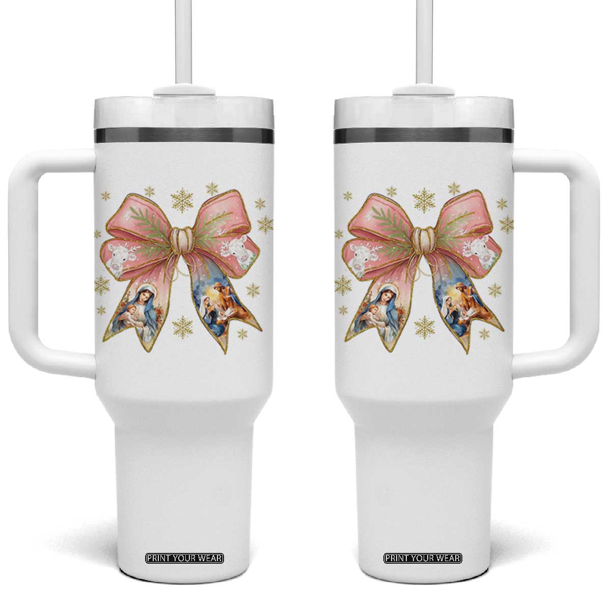 Jesus Christmas Coquette Bow Nativity Bible Verse Christian Tumbler With Handle TS11 One Size: 40 oz White Print Your Wear