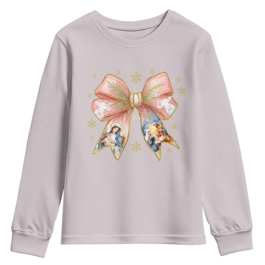 Jesus Christmas Coquette Bow Nativity Bible Verse Christian Youth Sweatshirt TS11 Ice Gray Print Your Wear