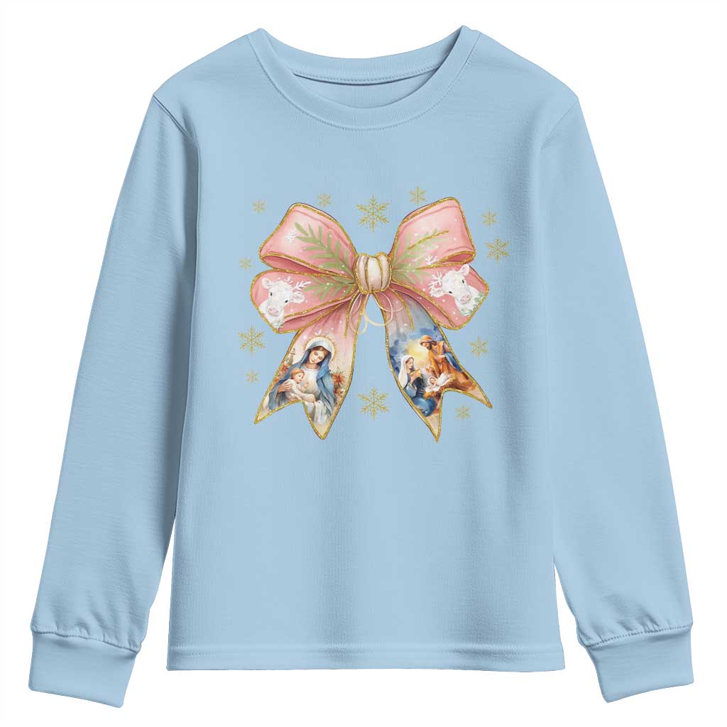 Jesus Christmas Coquette Bow Nativity Bible Verse Christian Youth Sweatshirt TS11 Light Blue Print Your Wear