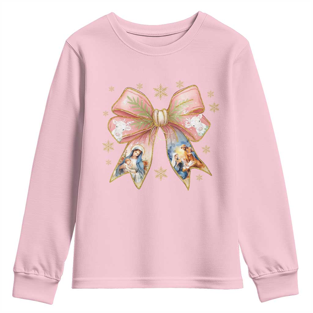 Jesus Christmas Coquette Bow Nativity Bible Verse Christian Youth Sweatshirt TS11 Light Pink Print Your Wear