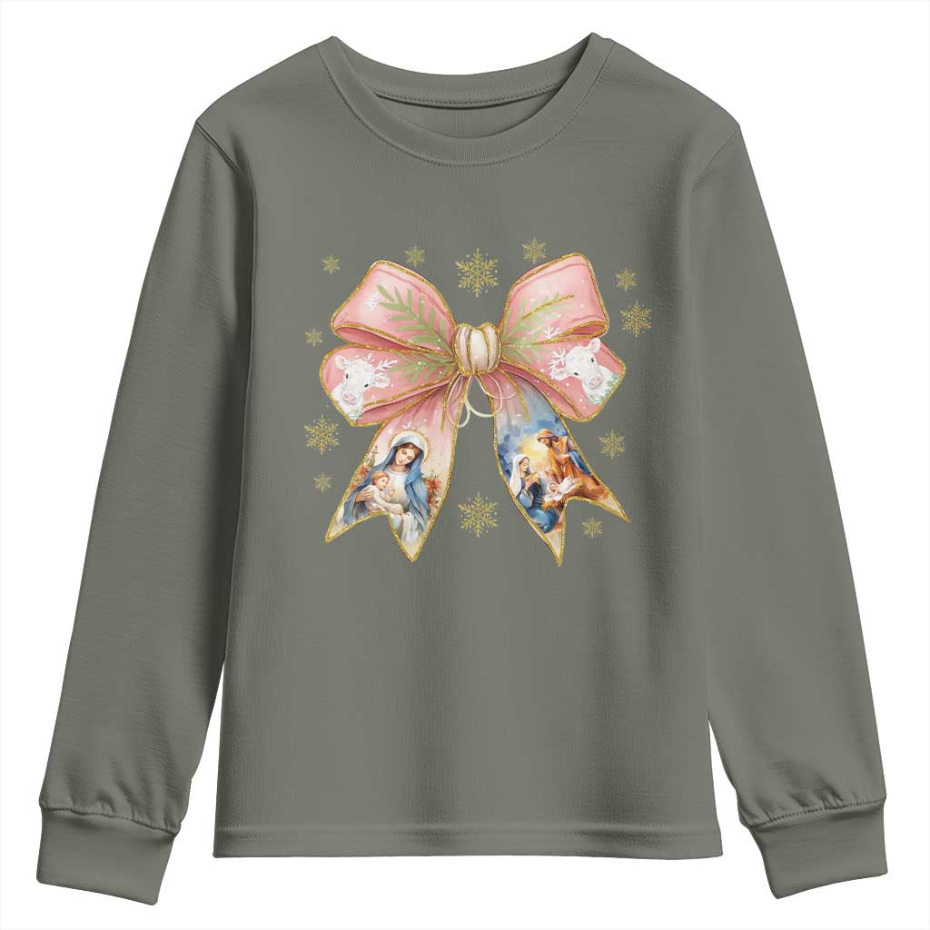 Jesus Christmas Coquette Bow Nativity Bible Verse Christian Youth Sweatshirt TS11 Military Green Print Your Wear