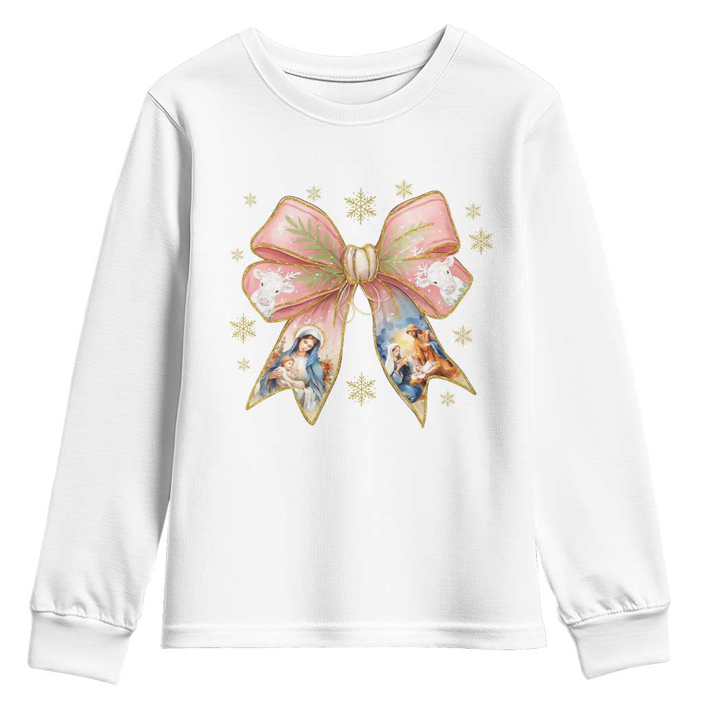 Jesus Christmas Coquette Bow Nativity Bible Verse Christian Youth Sweatshirt TS11 White Print Your Wear