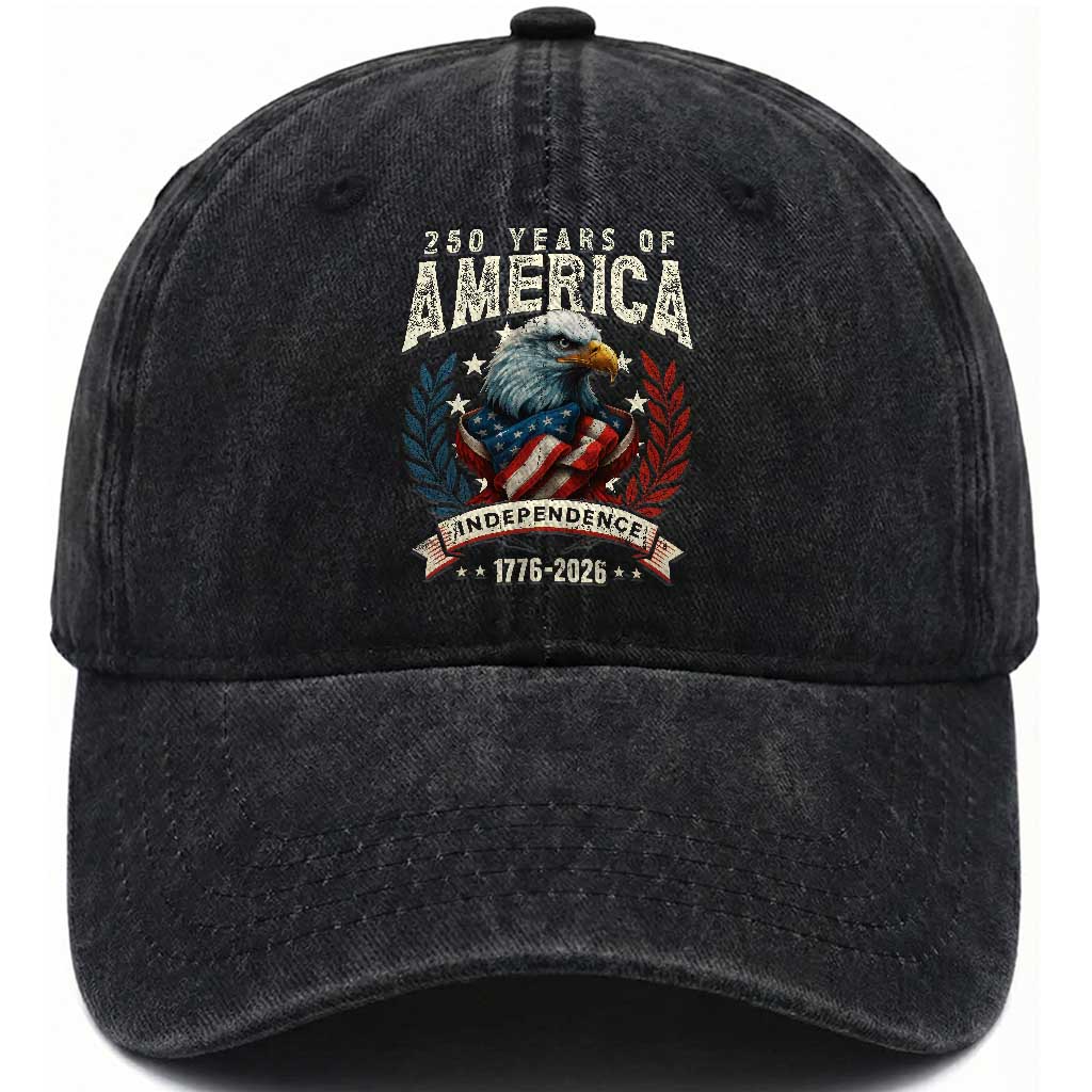 250 Years Of America Washed Cotton Baseball Cap 250th American Anniversary Independence Bald Eagle TS11 Washed Cap Universal Fit Black Print Your Wear