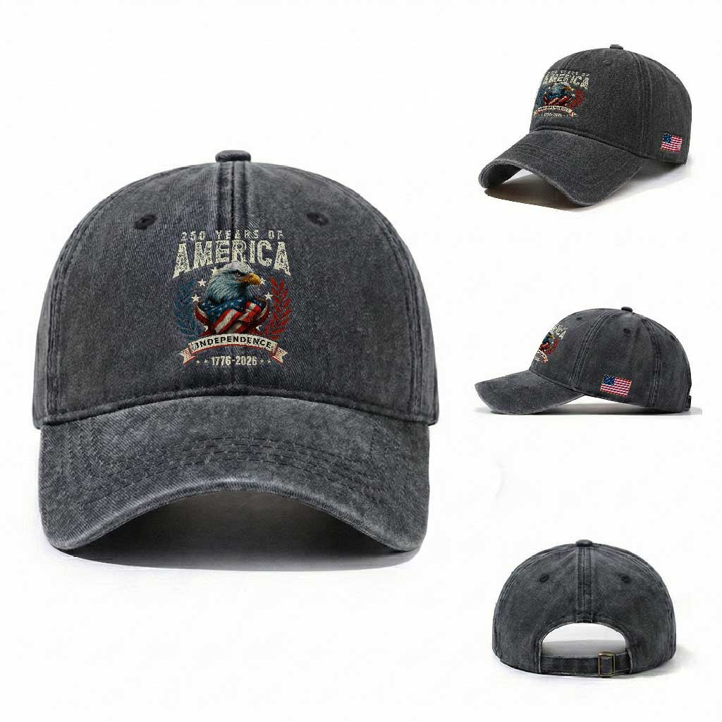 250 Years Of America Washed Cotton Baseball Cap 250th American Anniversary Independence Bald Eagle TS11 Washed Cap Universal Fit Dark Gray Print Your Wear