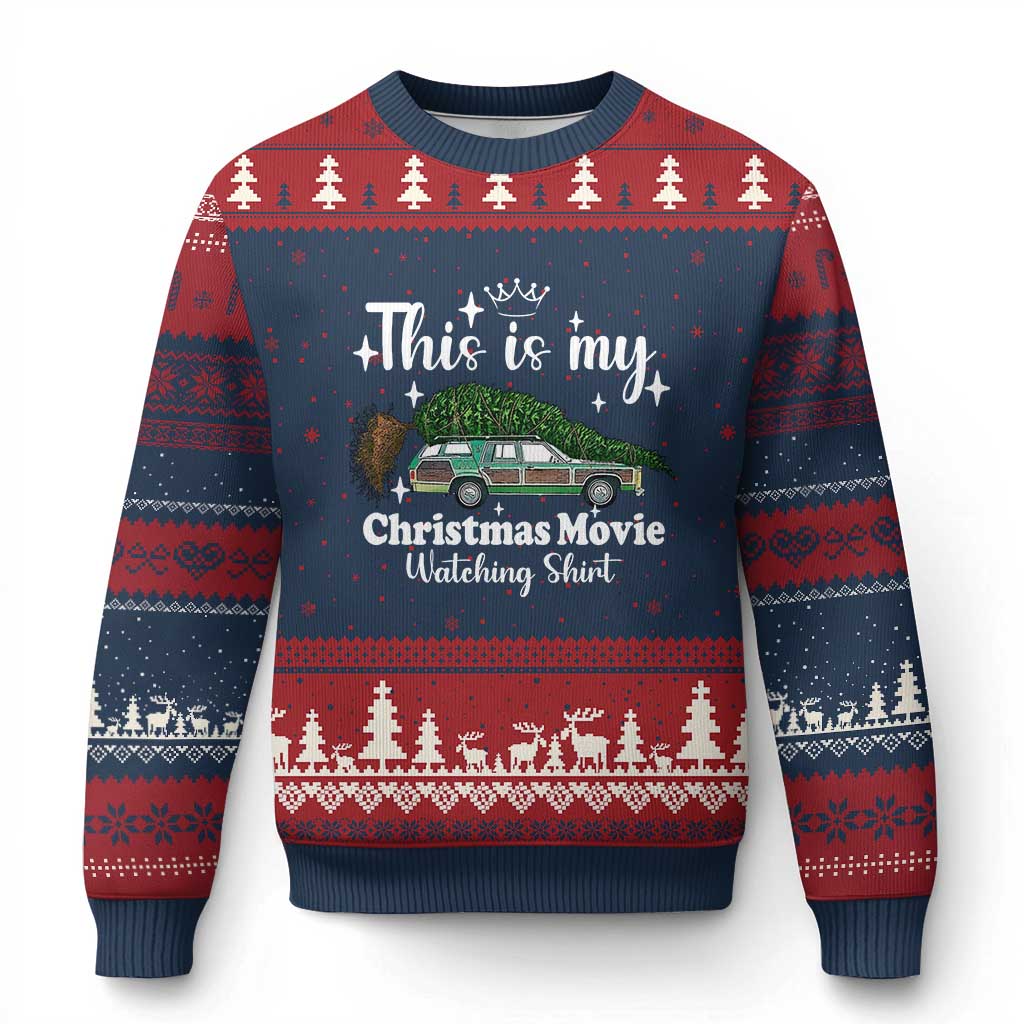 This Is My Xmas Movie Watching Ugly Christmas Sweater Vintage Xmas Tree Car TS11 Navy Red Print Your Wear