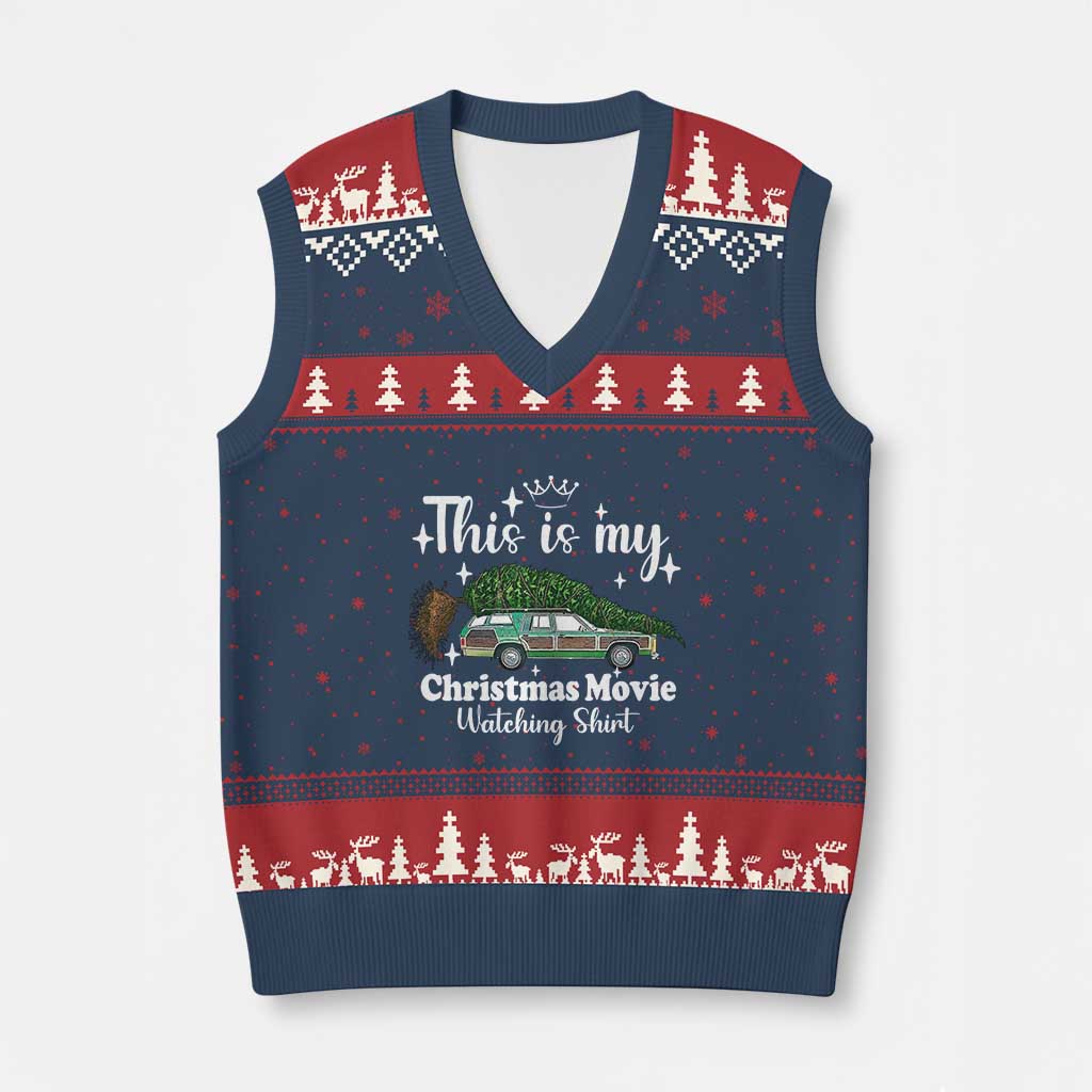 This Is My Xmas Movie Watching V-Neck Knit Sweater Vest Vintage Xmas Tree Car TS11 Navy Red Print Your Wear