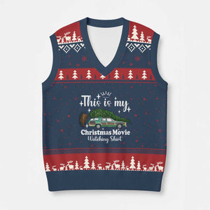 This Is My Xmas Movie Watching V-Neck Knit Sweater Vest Vintage Xmas Tree Car TS11 Navy Red Print Your Wear