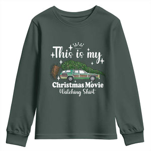 This Is My Christmas Movie Watching Youth Sweatshirt Vintage Xmas Tree Car TS11 Dark Forest Green Print Your Wear