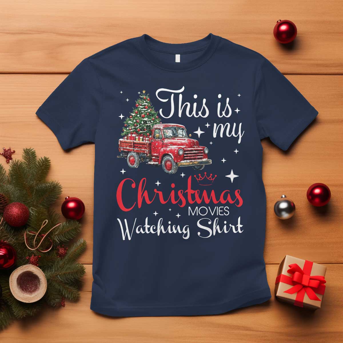 This Is My Christmas Movie Watching T Shirt Vintage Red Truck TS11 Navy Print Your Wear
