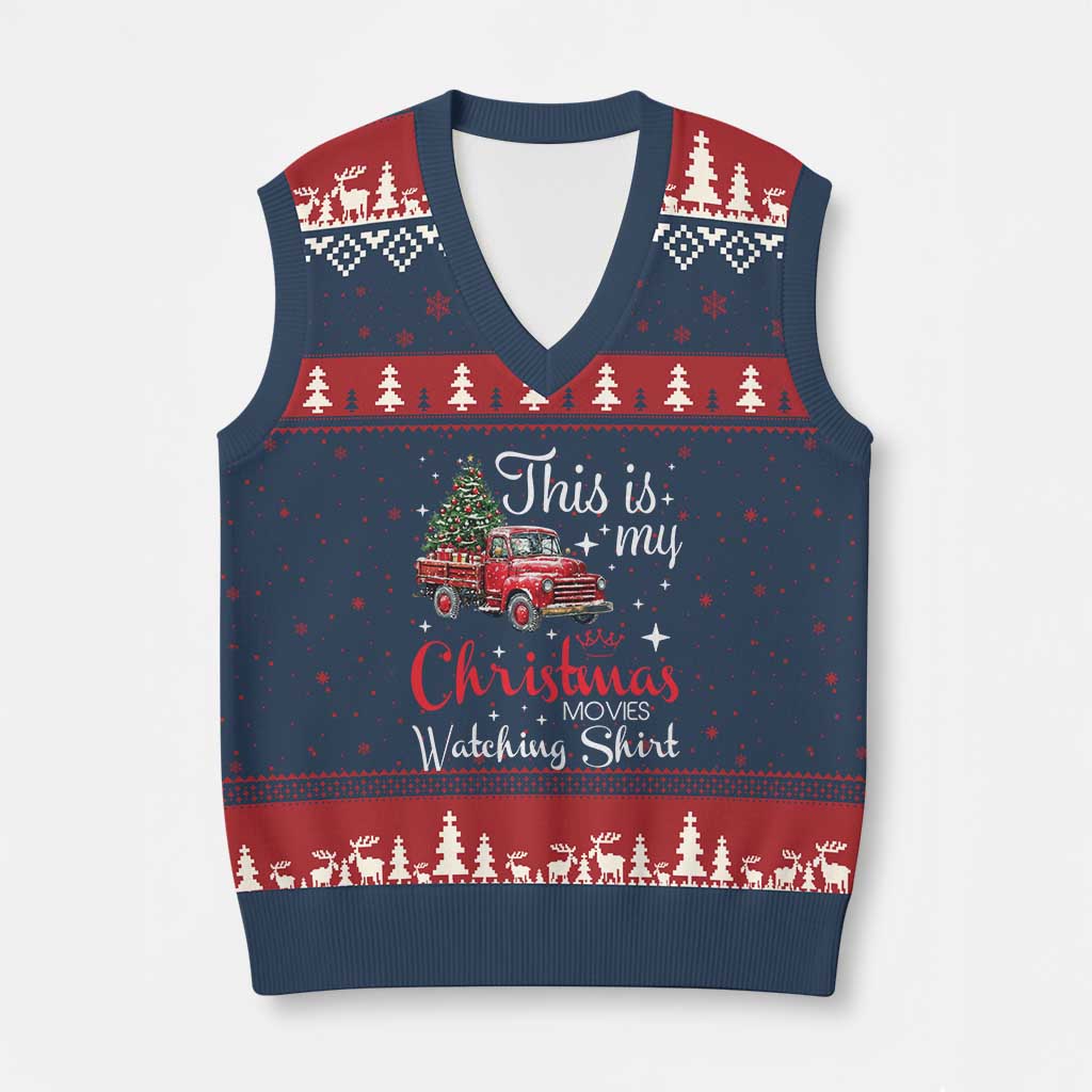 This Is My Xmas Movie Watching V-Neck Knit Sweater Vest Vintage Red Truck TS11 Navy Red Print Your Wear