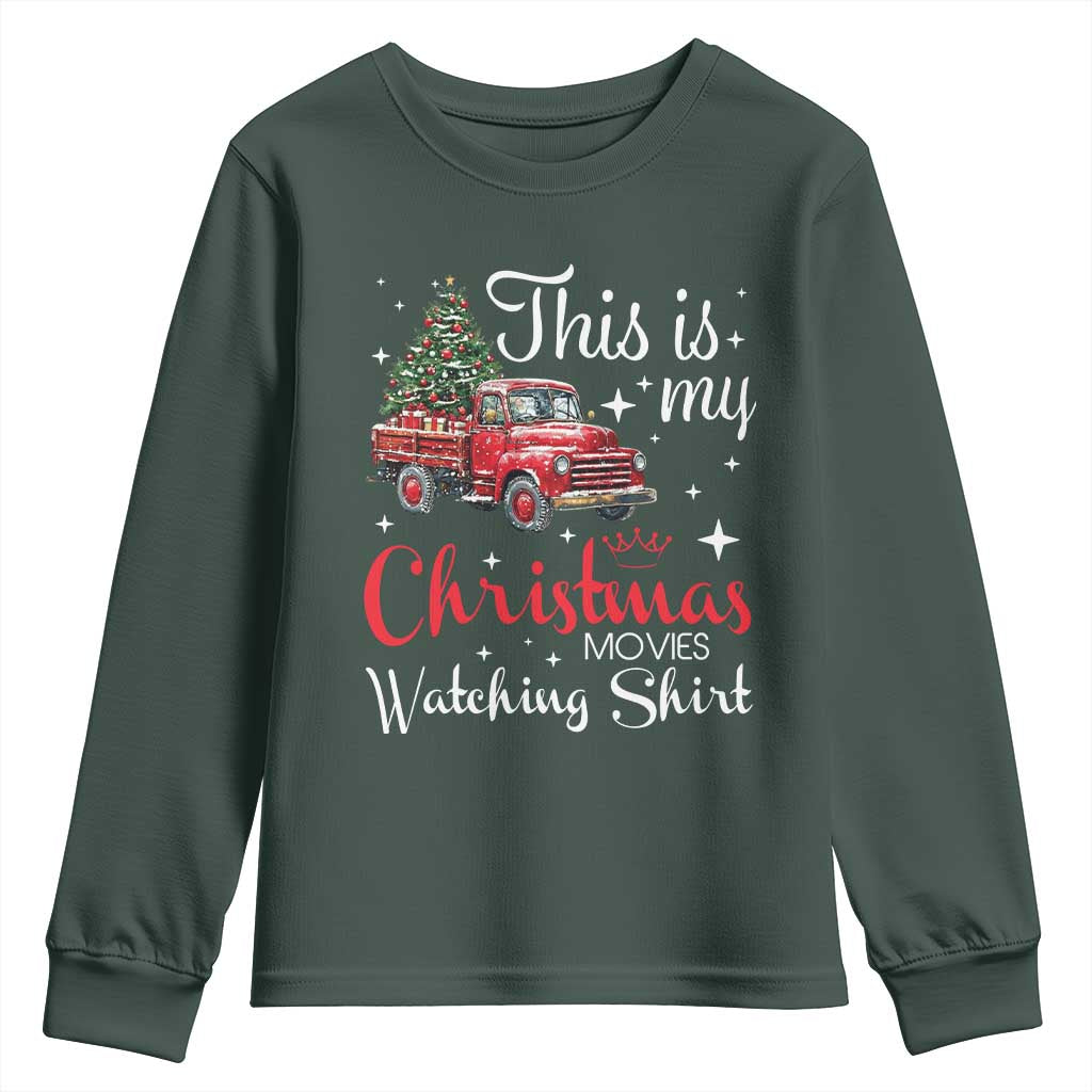 This Is My Christmas Movie Watching Youth Sweatshirt Vintage Red Truck TS11 Dark Forest Green Print Your Wear