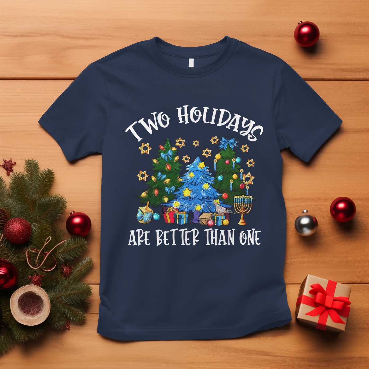 Christmas Hanukkah T Shirt Two Holidays Are Better Than One Christmukkah Tree TS11 Navy Print Your Wear