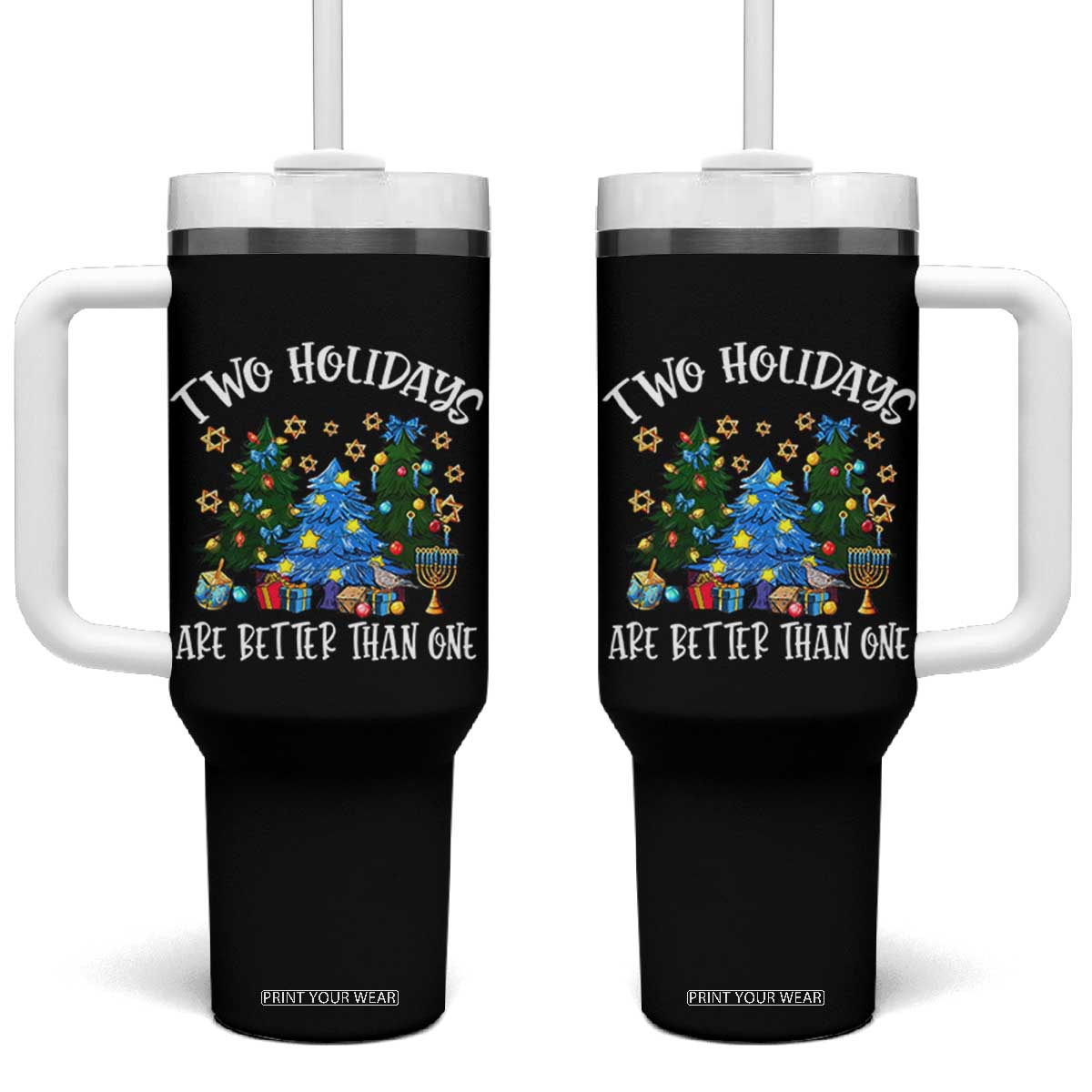 Christmas Hanukkah Tumbler With Handle Two Holidays Are Better Than One Christmukkah Tree TS11 One Size: 40 oz Black Print Your Wear
