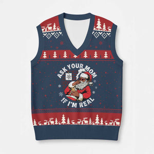 Funny Xmas Black Santa Ask Your Mom If I Am Real V-Neck Knit Sweater Vest Dirty Xmas Santa Mom TS11 Navy Red Print Your Wear