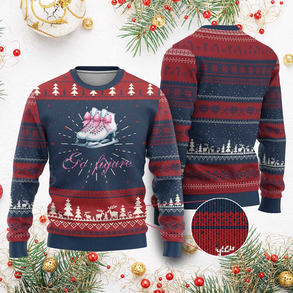 Figure Skater Ugly Christmas Sweater Go Figure Coquette Pink Bow Ice Skating TS11 Burgundy Print Your Wear