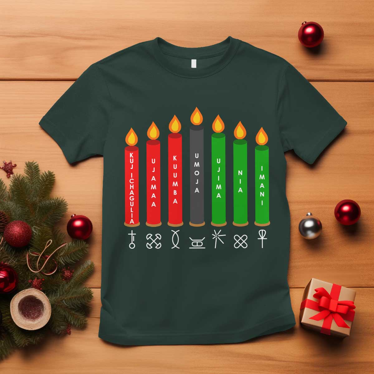 Nguzo Saba Symbols The 7 Principles Of Kwanzaa T Shirt Kinara Candles Symbol TS11 Dark Forest Green Print Your Wear