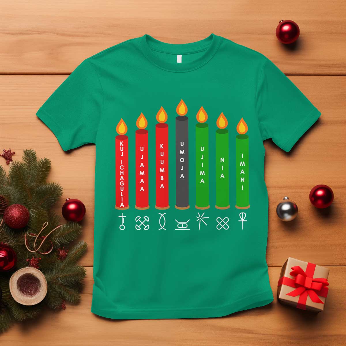 Nguzo Saba Symbols The 7 Principles Of Kwanzaa T Shirt Kinara Candles Symbol TS11 Irish Green Print Your Wear