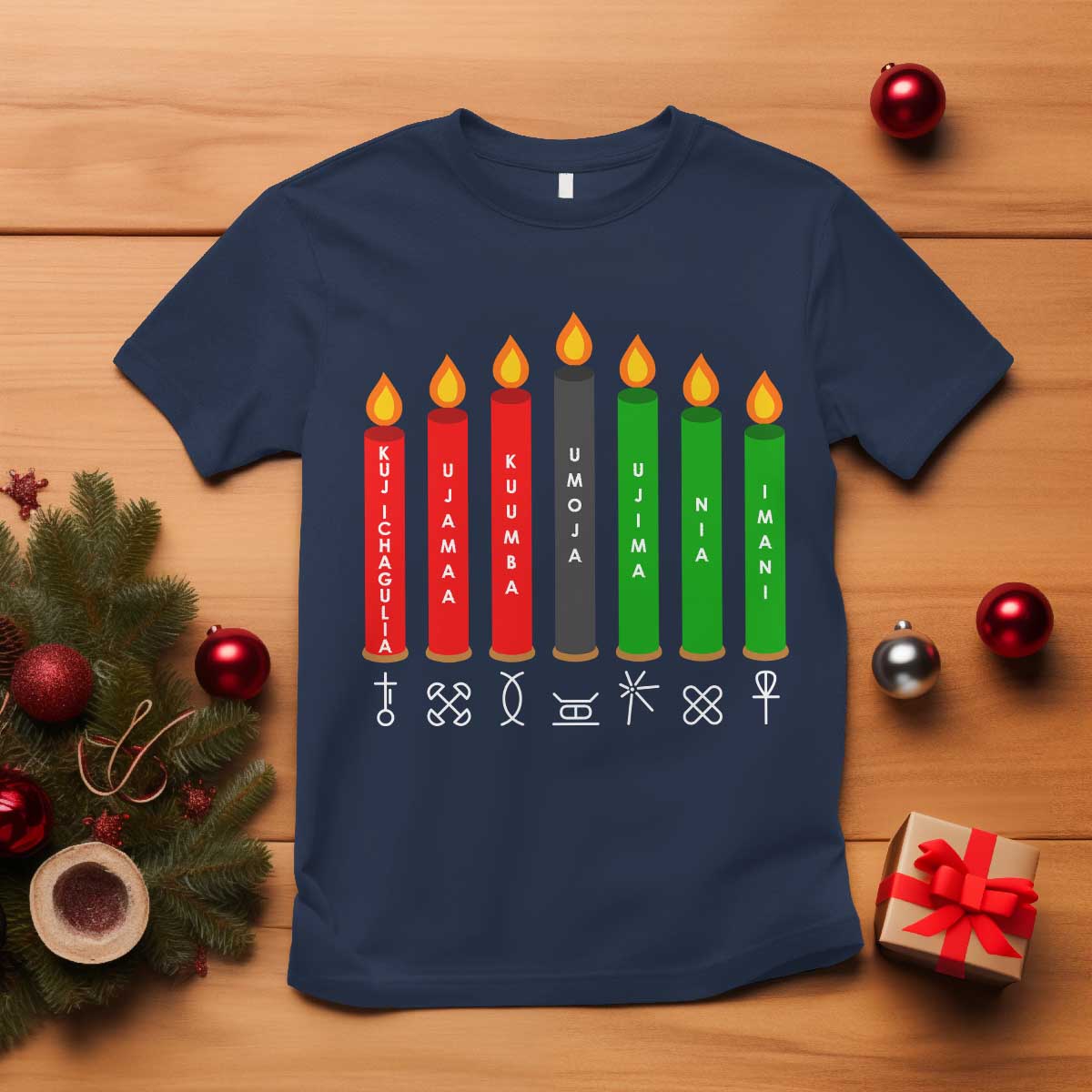 Nguzo Saba Symbols The 7 Principles Of Kwanzaa T Shirt Kinara Candles Symbol TS11 Navy Print Your Wear