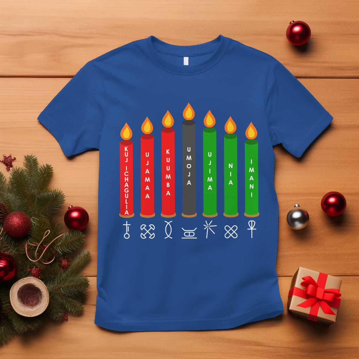 Nguzo Saba Symbols The 7 Principles Of Kwanzaa T Shirt Kinara Candles Symbol TS11 Royal Blue Print Your Wear