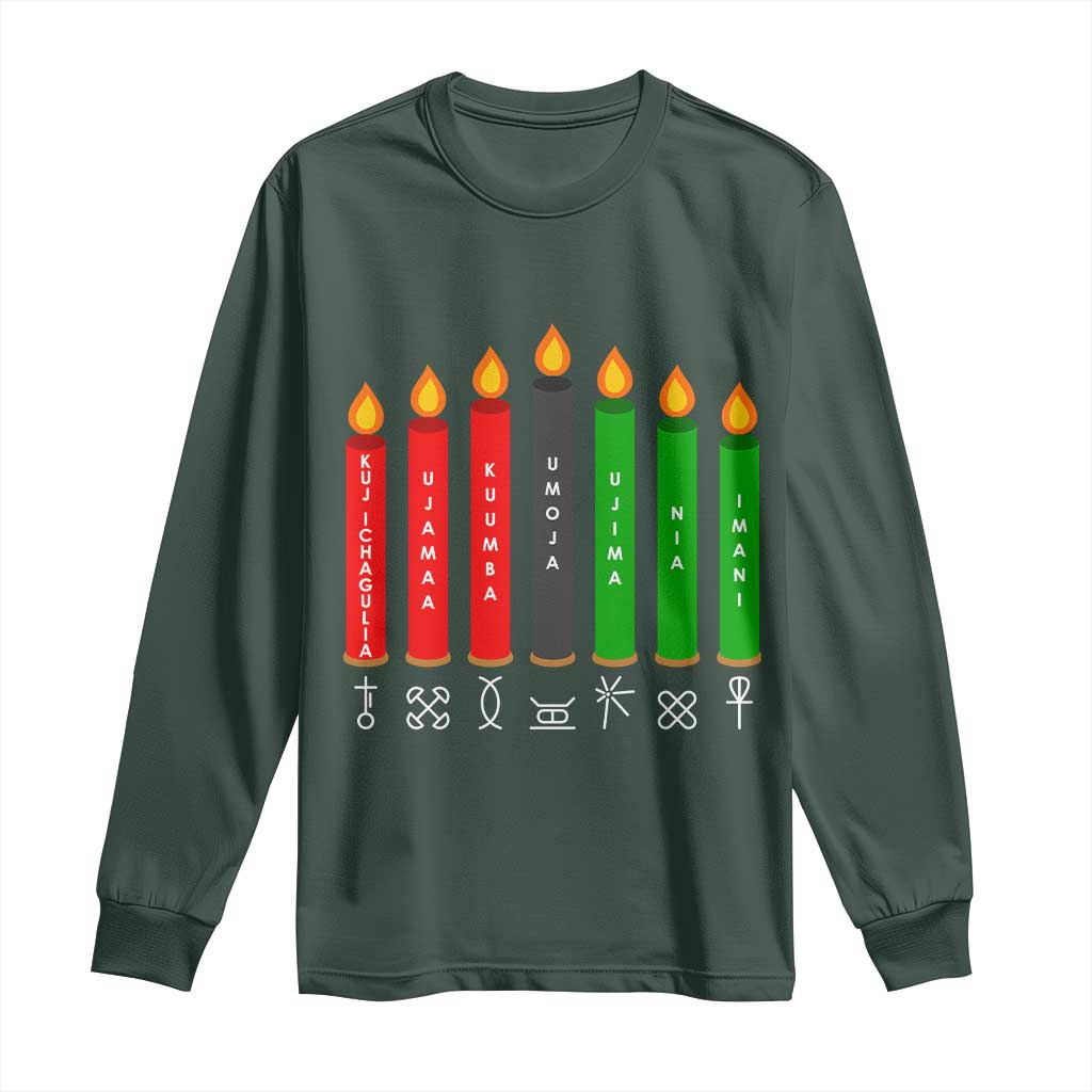 Nguzo Saba Symbols The 7 Principles Of Kwanzaa Long Sleeve Shirt Kinara Candles Symbol TS11 Dark Forest Green Print Your Wear