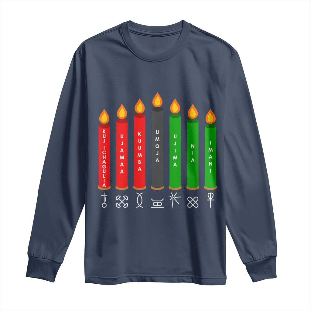 Nguzo Saba Symbols The 7 Principles Of Kwanzaa Long Sleeve Shirt Kinara Candles Symbol TS11 Navy Print Your Wear