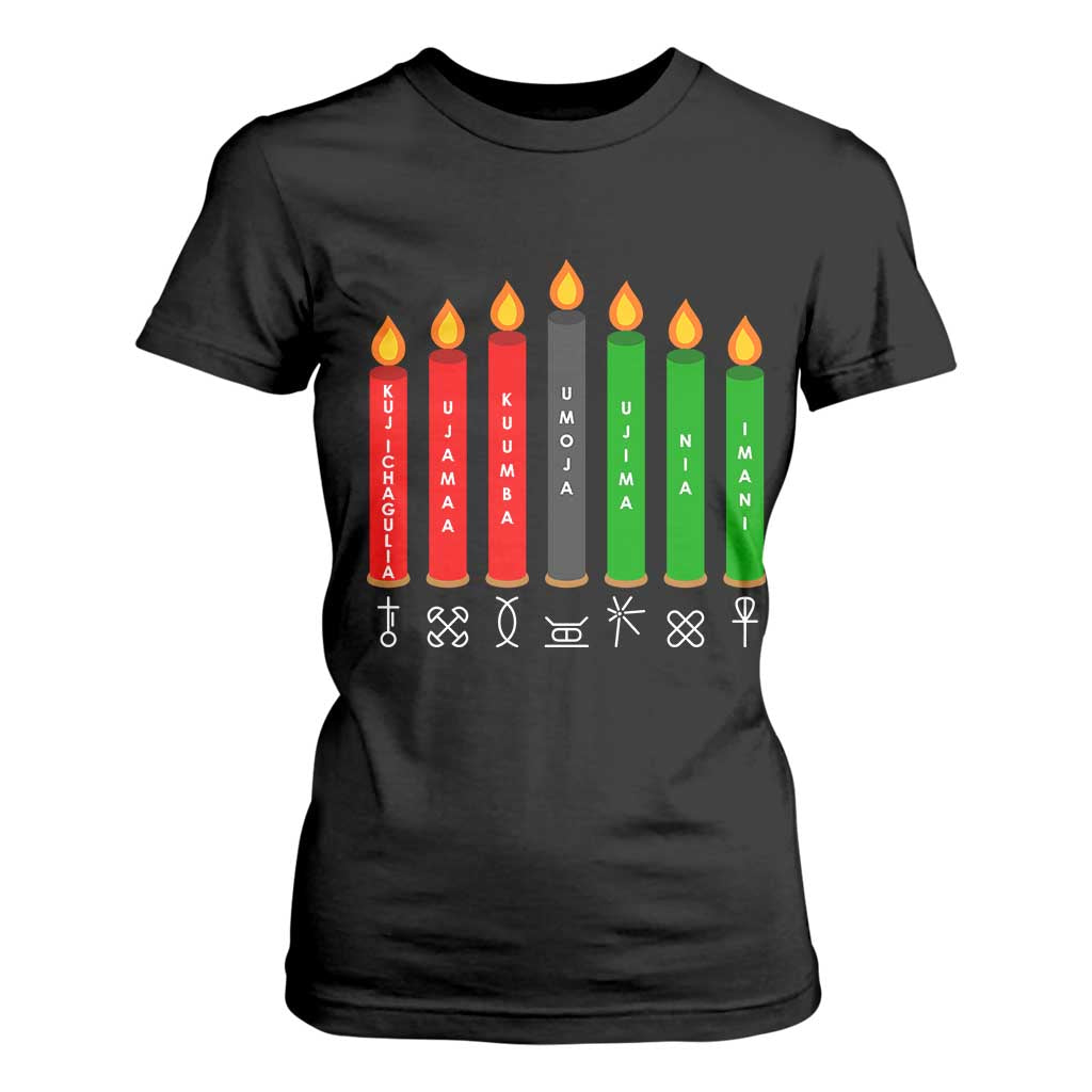 Nguzo Saba Symbols The 7 Principles Of Kwanzaa T Shirt For Women Kinara Candles Symbol TS11 Black Print Your Wear