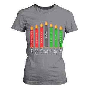 Nguzo Saba Symbols The 7 Principles Of Kwanzaa T Shirt For Women Kinara Candles Symbol TS11 Charcoal Print Your Wear