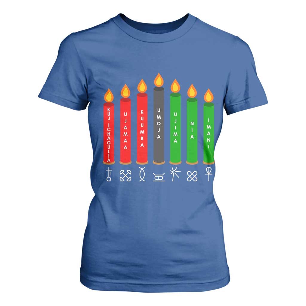 Nguzo Saba Symbols The 7 Principles Of Kwanzaa T Shirt For Women Kinara Candles Symbol TS11 Royal Blue Print Your Wear