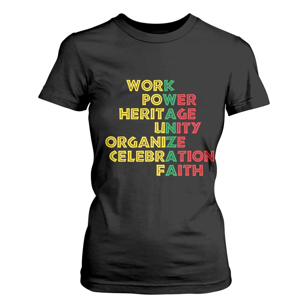 Kwanzaa T Shirt For Women Work Power Heritage Unity Organize Celebration Faith African Heritage TS11 Black Print Your Wear