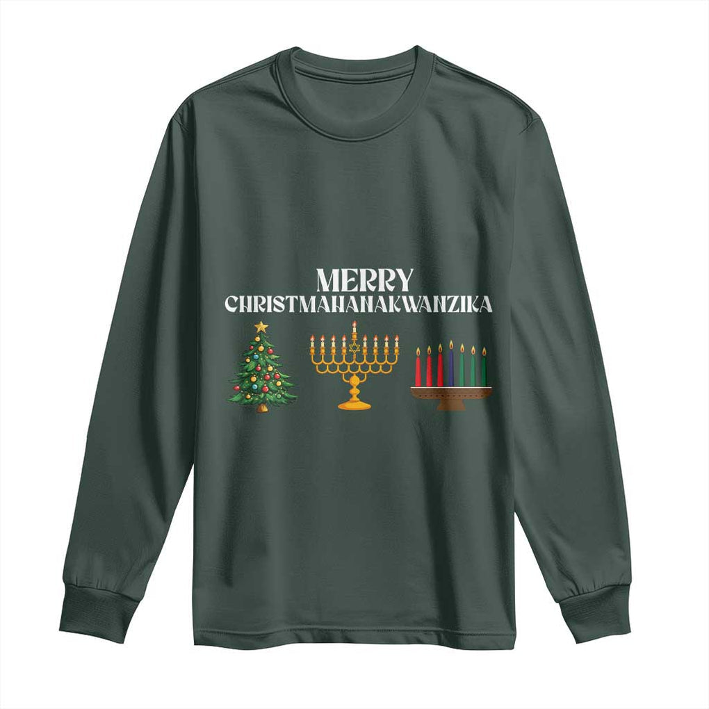 Merry Christmahanakwanzika Long Sleeve Shirt Christmas Hanukkah Kwanzaa TS11 Dark Forest Green Print Your Wear