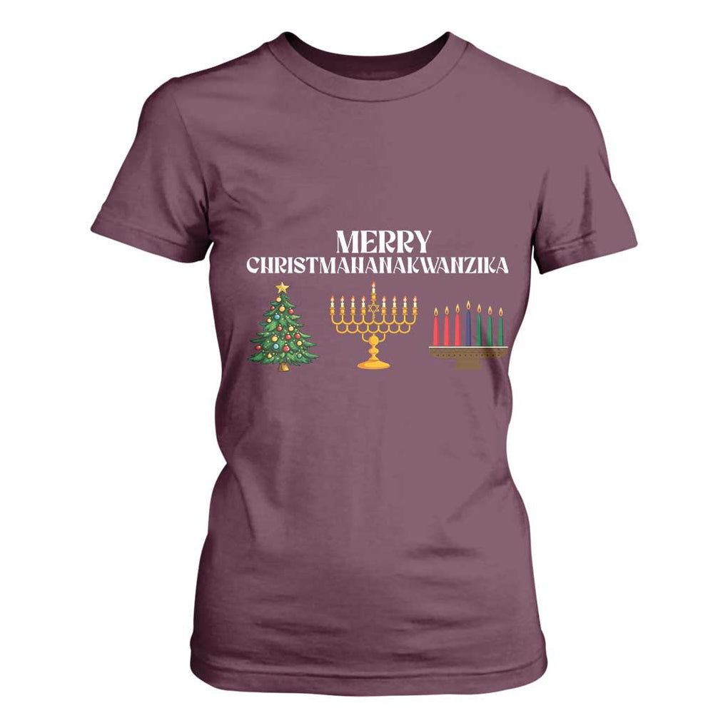Merry Christmahanakwanzika T Shirt For Women Christmas Hanukkah Kwanzaa TS11 Maroon Print Your Wear