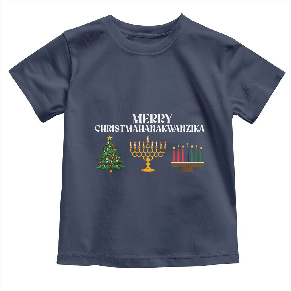 Merry Christmahanakwanzika Toddler T Shirt Christmas Hanukkah Kwanzaa TS11 Navy Print Your Wear