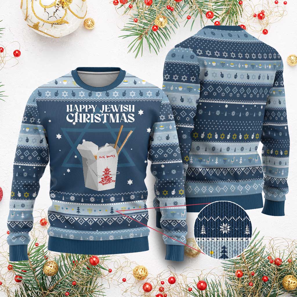 Happy Jewish Christmas Hanukkah Ugly Sweater Chinese Noodle Asian Take Out TS11 Navy Light Blue Print Your Wear