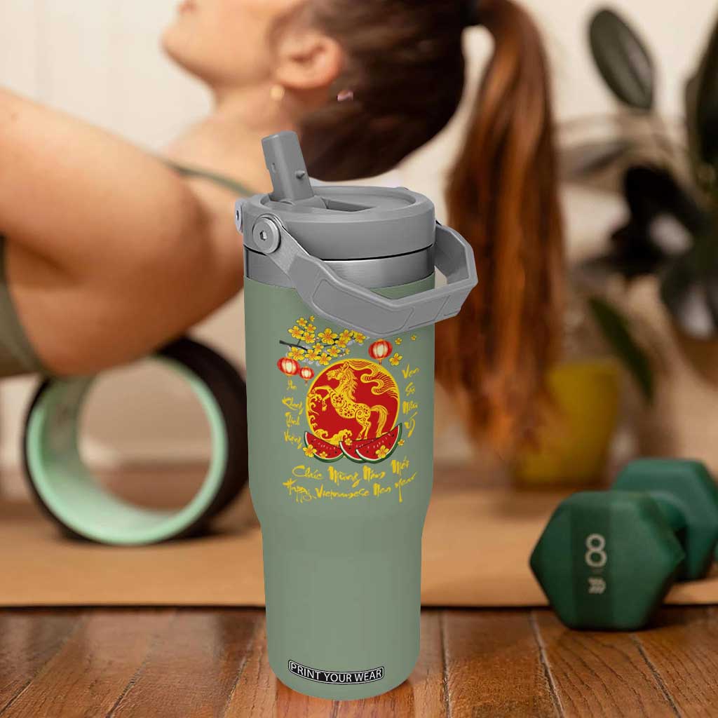 Vietnamese Lunar New Year 2026 Flip Straw Tumbler Chuc Mung Nam Moi Tet Holiday Horse Zodiac TS11 One Size: 30 oz Moss Green Print Your Wear