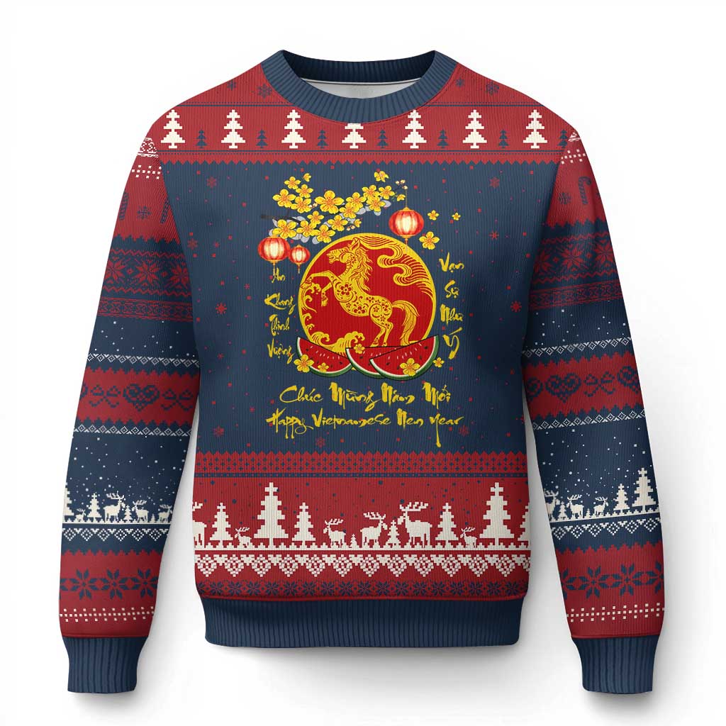 Vietnamese Lunar New Year 2026 Ugly Christmas Sweater Chuc Mung Nam Moi Tet Holiday Horse Zodiac TS11 Navy Red Print Your Wear
