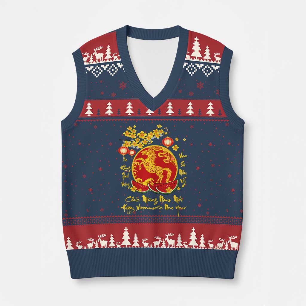 Vietnamese Lunar New Year 2026 V-Neck Knit Sweater Vest Chuc Mung Nam Moi Tet Holiday Horse Zodiac TS11 Navy Red Print Your Wear